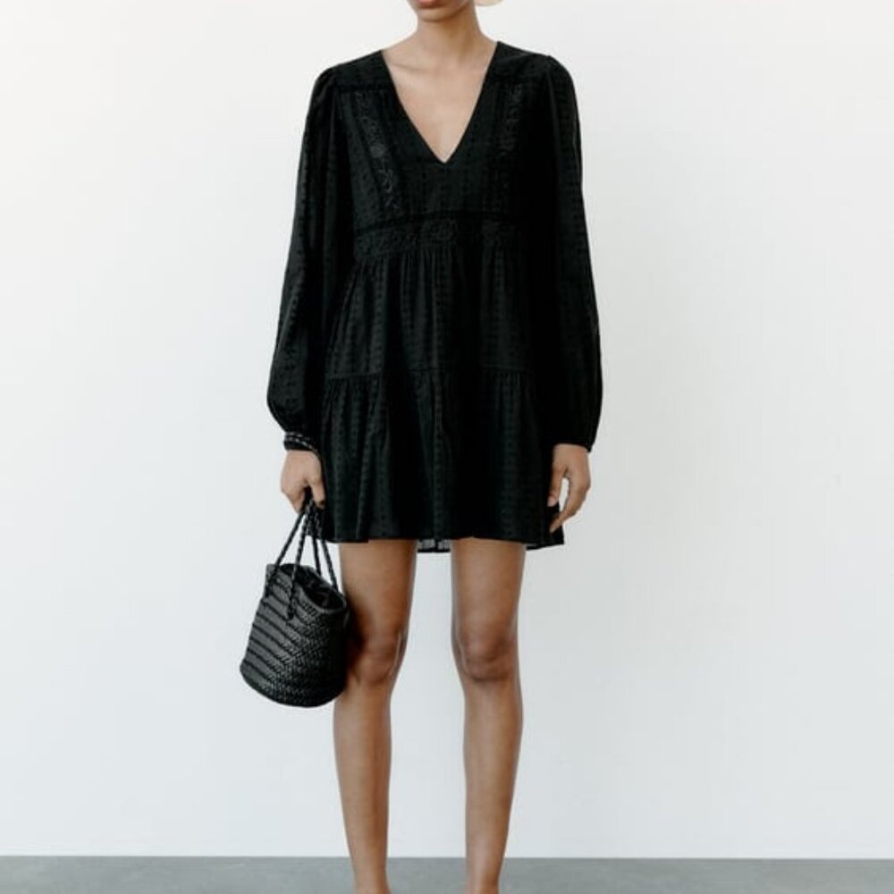 Zara Black v neck dress embroidered Size M